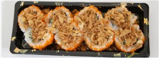 Krab, komkommer, avocado, japanse mayo en gebakken uitjes